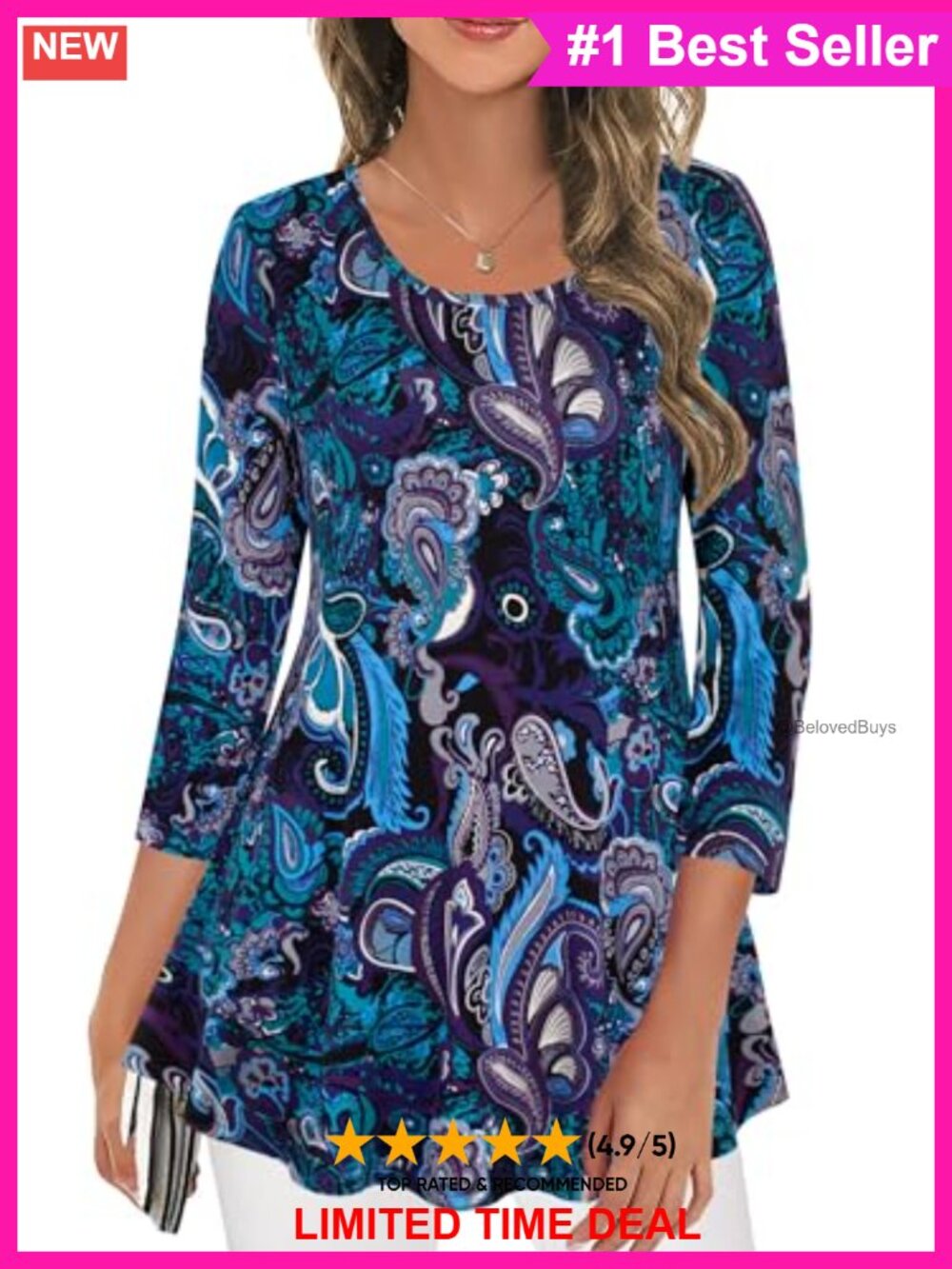 Womens Floral Tunic Top 3/4 Sleeve Scoop Neck Casual Blouse